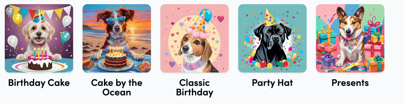 Five art styles for custom dog birthday portraits from PugMug: birthday cake, cake by the ocean, classic birthday, party hat, and presents