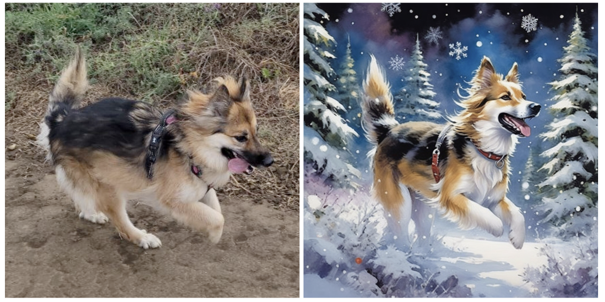 Side-by-side photograph and AI-generated pet portrait of a leaping dog