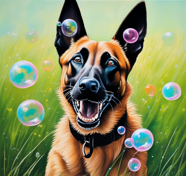 AI dog portrait of happy German shepherd surrounded by bubbles