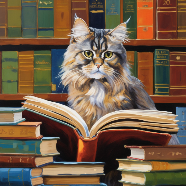 AI-generated pet art of a cat reading a book