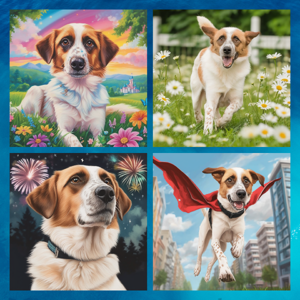 Collage of custom dog portraits from pugmug.ai of Hazim, a Canaan mix rescue dog