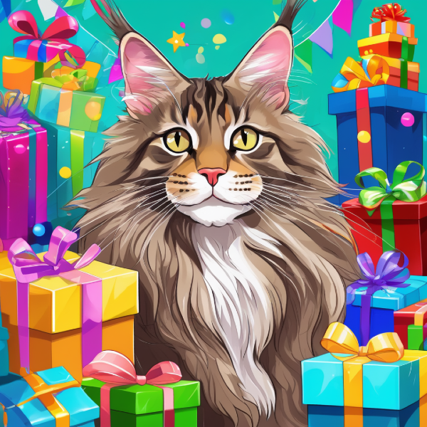 AI art of a cat surrounded by presents, custom cat art from pugmug.ai