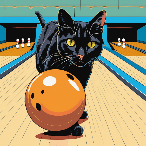 AI art of black cat bowling, custom cat art from pugmug.ai