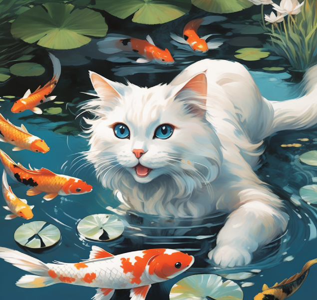 AI portrait of a playful white cat splashing in a pond with some koi fish, custom cat art from pugmug.ai