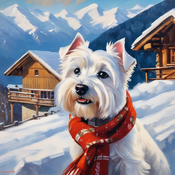 AI pet portrait of white dog on a snowy mountain, custom dog art from pugmug.ai