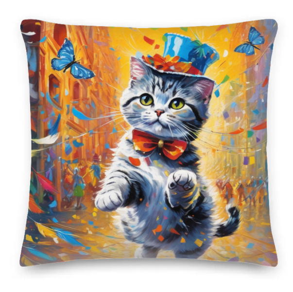  AI portrait of gray kitten celebrating at a carnival, custom cat pillow from pugmug.ai