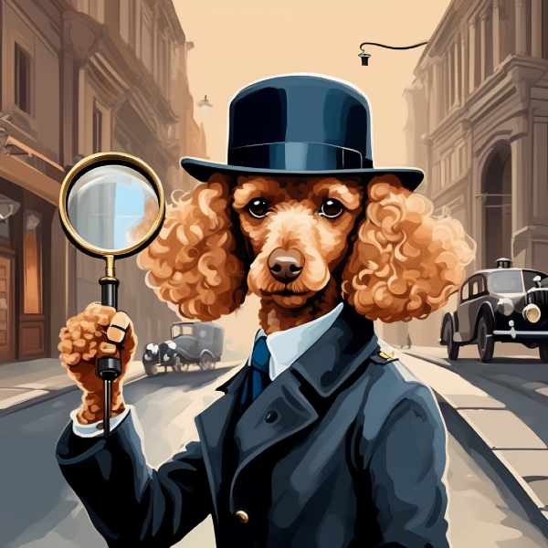 AI art of poodle dog as a detective with a magnifying glass, custom dog art from pugmug.ai