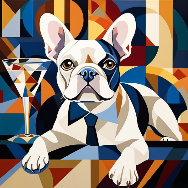 AI pet portrait of bulldog with a martini glass, custom dog art from pugmug.ai