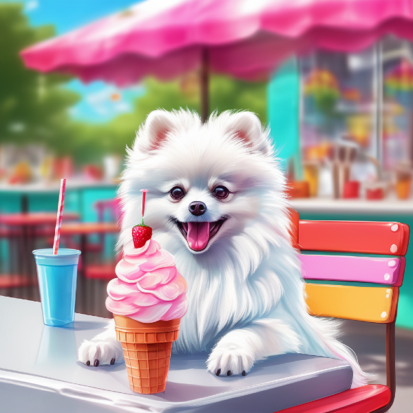  AI dog art of a cartoon white Pomeranian dog with an ice cream cone, custom pet art from pugmug.ai