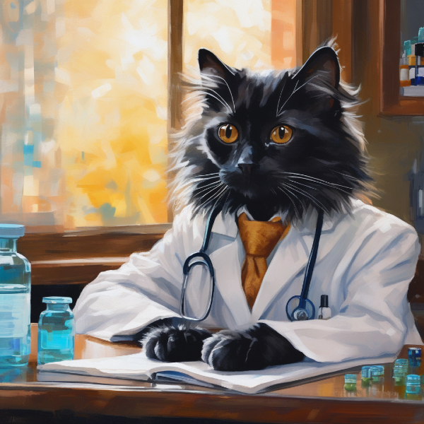 AI art of black cat as a doctor, custom cat art from pugmug.ai