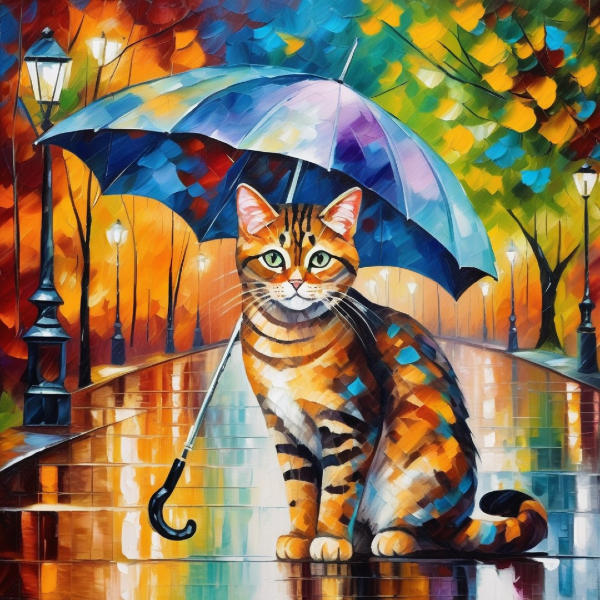 AI art of tabby cat underneath an umbrella, custom cat art from pugmug.ai