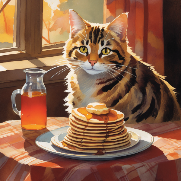 AI portrait of a tabby cat eating pancakes in a comfy kitchen, custom cat art from pugmug.ai