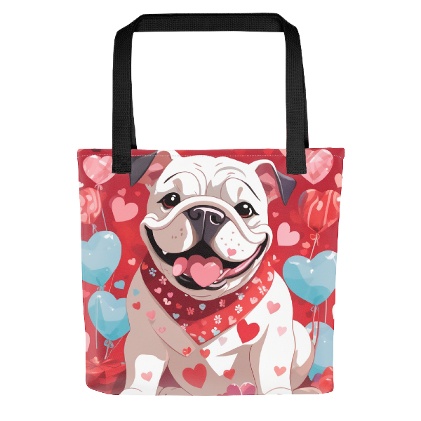 custom pet tote bag with adorable bulldog surrounded by hearts