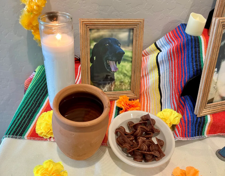 Day of the Dead ofrenda altar for dog memorial, memorial for dealing with loss of a pet