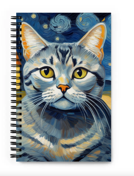 Custom cat notebook from pugmug.ai, notebook showing AI cat art of a cat surrounded by Van Gogh's Starry Night