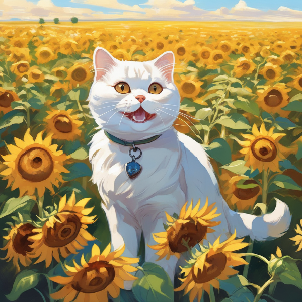 AI portrait of a happy white cat in a sunflower field, custom cat art from pugmug.ai