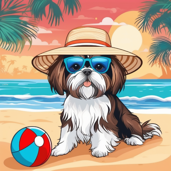 AI pet portrait of cute dog on the beach, custom dog art from pugmug.ai