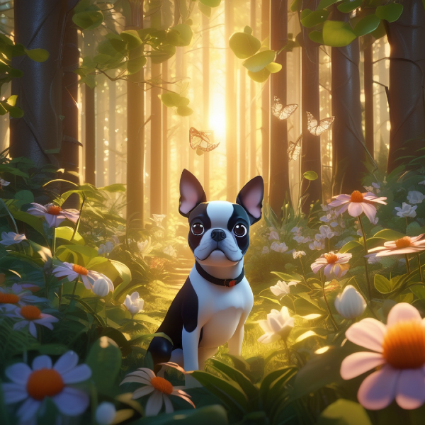 AI art of Boston Terrier dog in a forest surrounded by trees, custom dog art from pugmug.ai