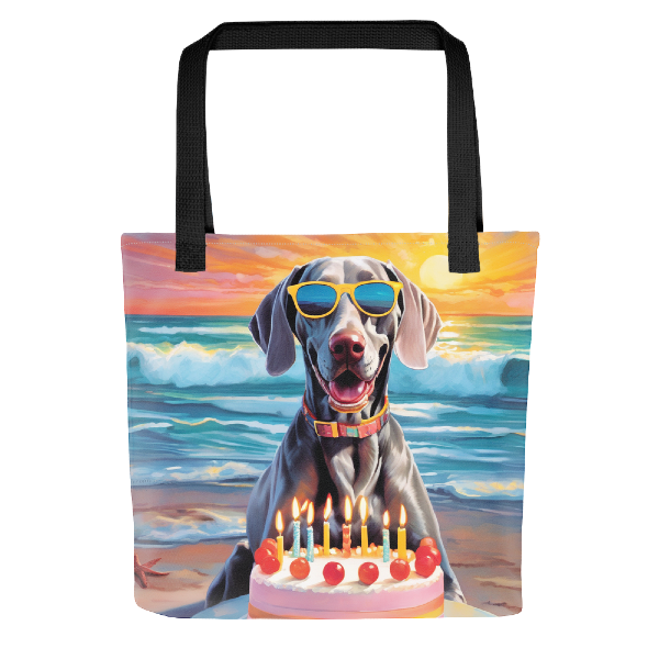 Custom tote bag of dog on the beach with a cake, tote bag from pugmug.ai