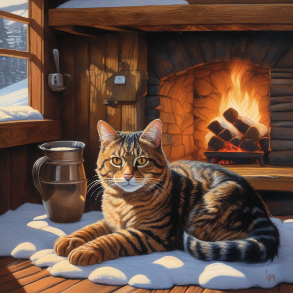 AI portrait of a tabby cat resting by a warm fireplace, custom cat art from pugmug.ai