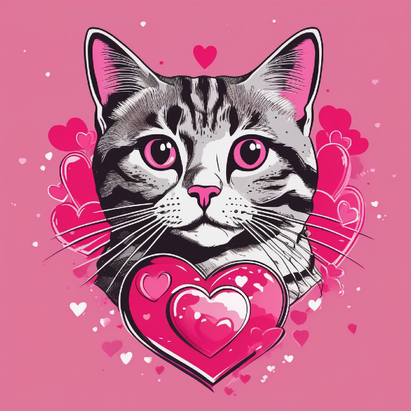 AI cartoon portrait of a gray cat surrounded by hearts, custom cat art from pugmug.ai