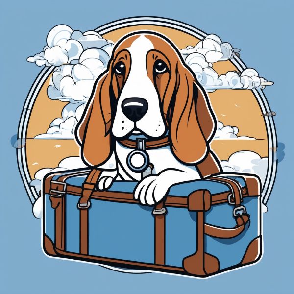 AI dog art of a happy basset hound with a travel bag on a dog road trip, custom pet art from pugmug.ai