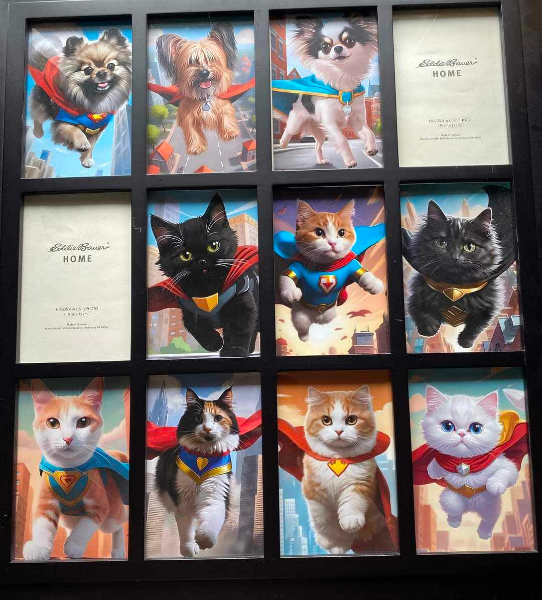 Collage of custom postcards of superhero cats and dogs