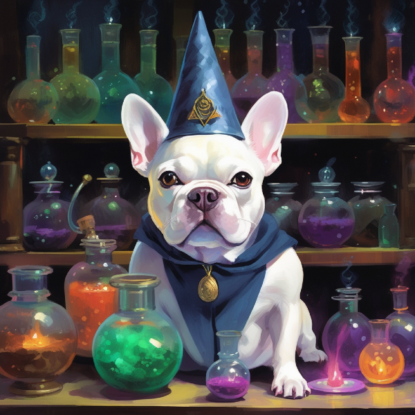 AI dog art of a white wizard bulldog, custom pet art from pugmug.ai