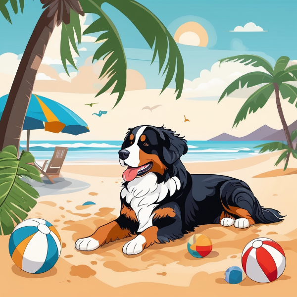  AI dog art of a cartoon Bernese mountain dog on the beach, custom pet art from pugmug.ai