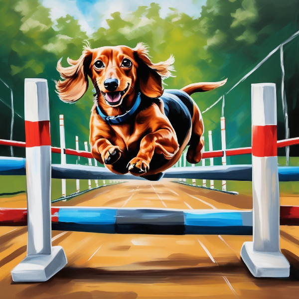 AI dog art of a happy dachshund dog leaping over an agility obstacle at a park, custom pet art from pugmug.ai