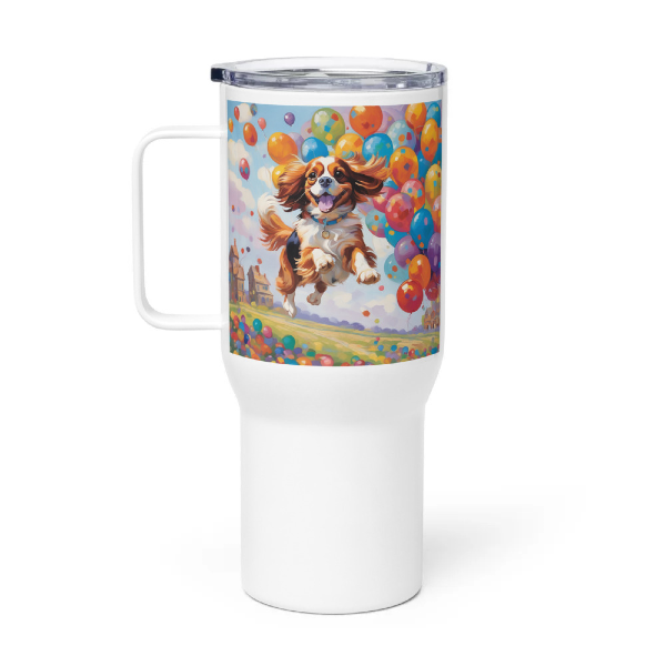 custom pet travel mug, custom mug with cheerful dog and balloons