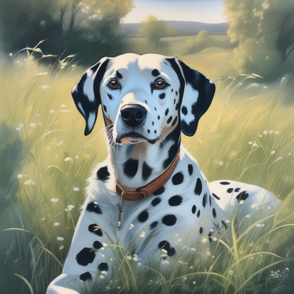 AI art of Dalmatian dog outdoors in the grass, custom dog art from pugmug.ai