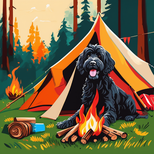  AI dog art of a cartoon Portuguese water dog camping, custom pet art from pugmug.ai