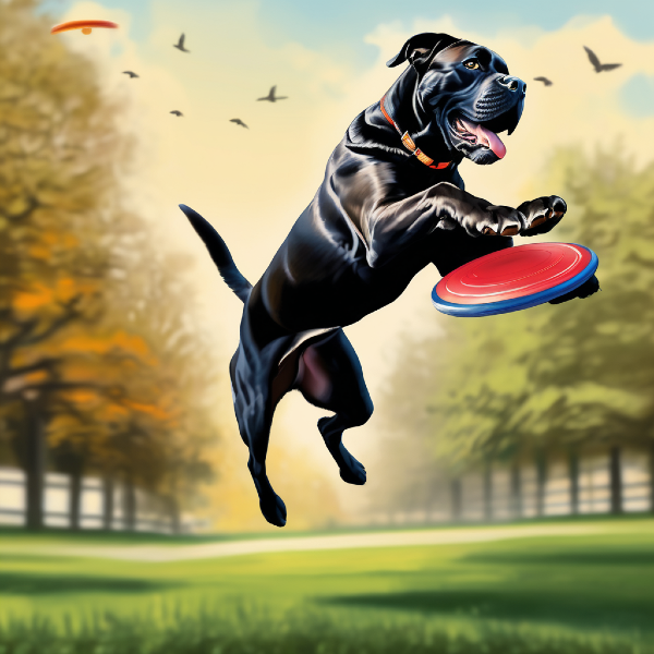 AI dog art of a happy cane corso dog leaping up to catch a frisbee, custom pet art from pugmug.ai