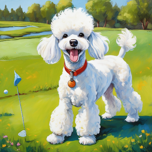 AI pet portrait of white poodle playing golf, custom dog art from pugmug.ai