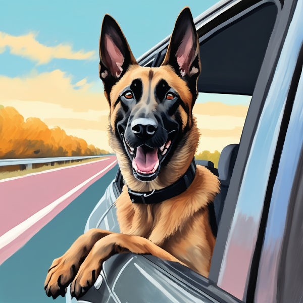  AI dog art of a Belgian Malinois dog on a road trip in a car, custom pet art from pugmug.ai