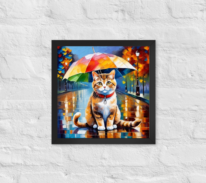 Custom cat art from pugmug.ai, framed painting showing a cat under an umbrella