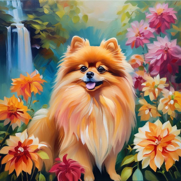 AI pet portrait of Pomeranian dog by a waterfall, custom dog art from pugmug.ai