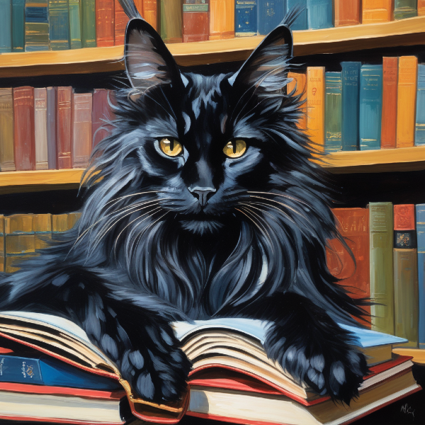 AI portrait of a wise black cat reading a book in the library, custom cat art from pugmug.ai