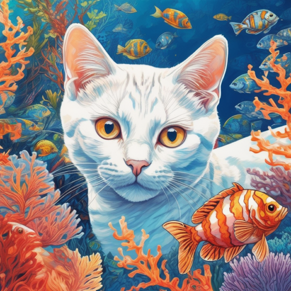 AI art of white cat underwater among tropical sea animals, custom cat art from pugmug.ai