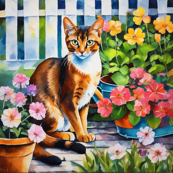 AI portrait of a cat in a garden, custom cat art from pugmug.ai