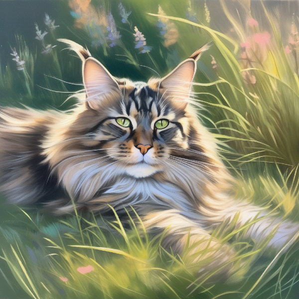 AI portrait of a graceful cat resting on some grass, custom cat art from pugmug.ai