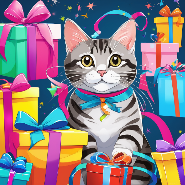 AI portrait of cat surrounded by colorful presents, custom cat art from pugmug.ai