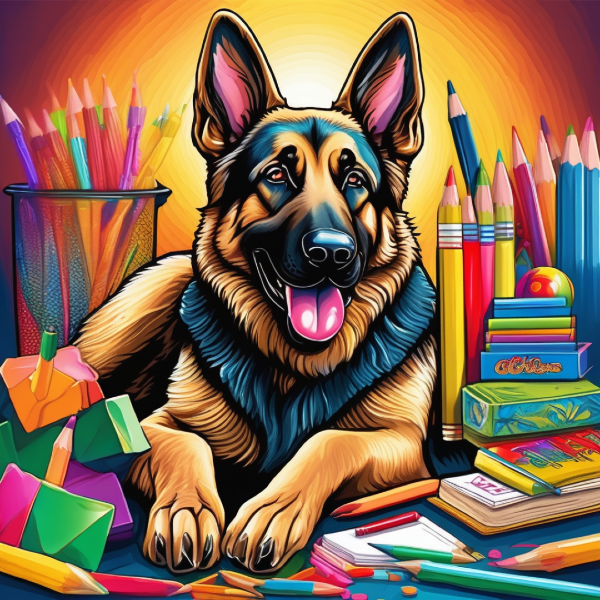 AI art of german shepherd dog among school supplies, custom dog art from pugmug.ai