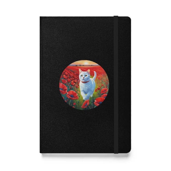 Custom pet journal from pugmug.ai, picture of a white cat in a poppy field