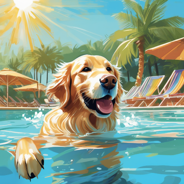 AI dog portrait of a happy golden retriever in a swimming pool