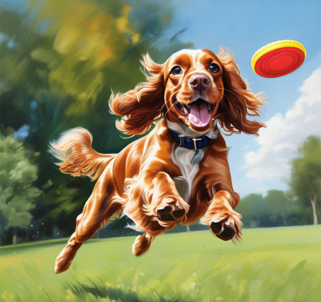 AI portrait of a dog leaping up and catching a frisbee, dog birthday ideas