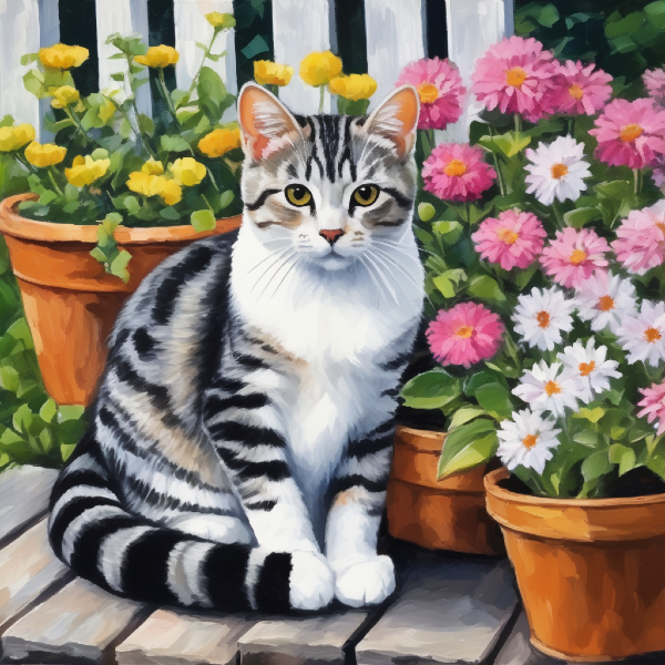 AI-generated pet art of a cat among flowers in a garden