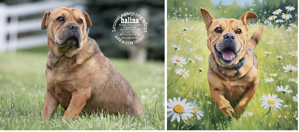 Side-by-side photograph from Second Shot and AI dog portrait of Halina, a rescue dog