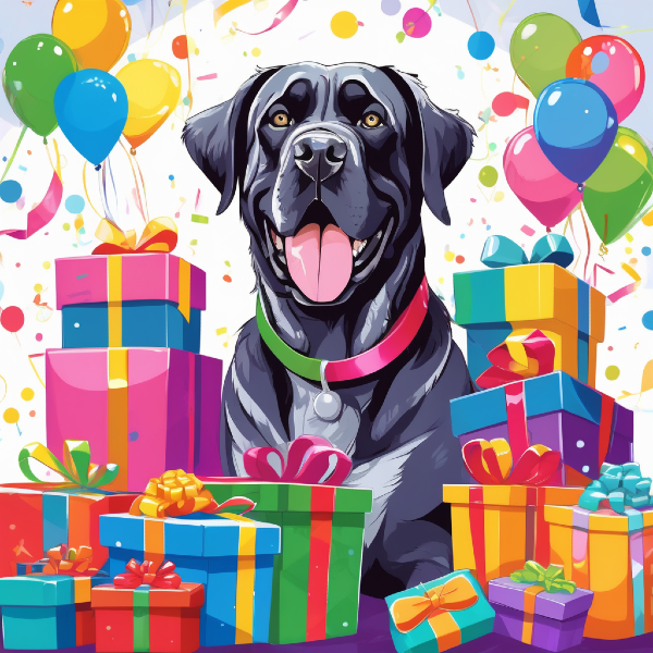 AI dog portrait of a dog surrounded by birthday presents